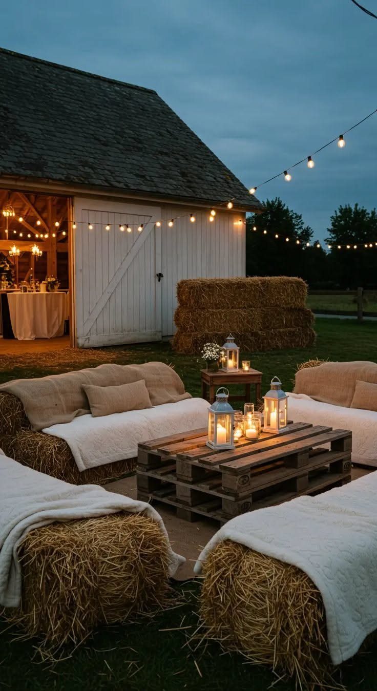 Wedding Decor with Western Style: 21 Ideas from Ranch to Aisle 16 Hay bales covered in white blankets arranged as outdoor seating around a pallet table with lanterns.