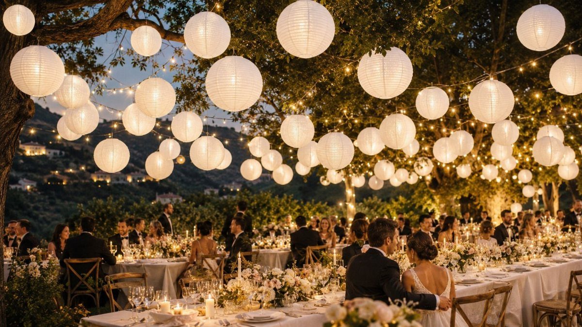 Wedding Decor with Western Style: 21 Ideas from Ranch to Aisle 12 White paper lanterns hang from trees over guests seated at long wedding reception tables.