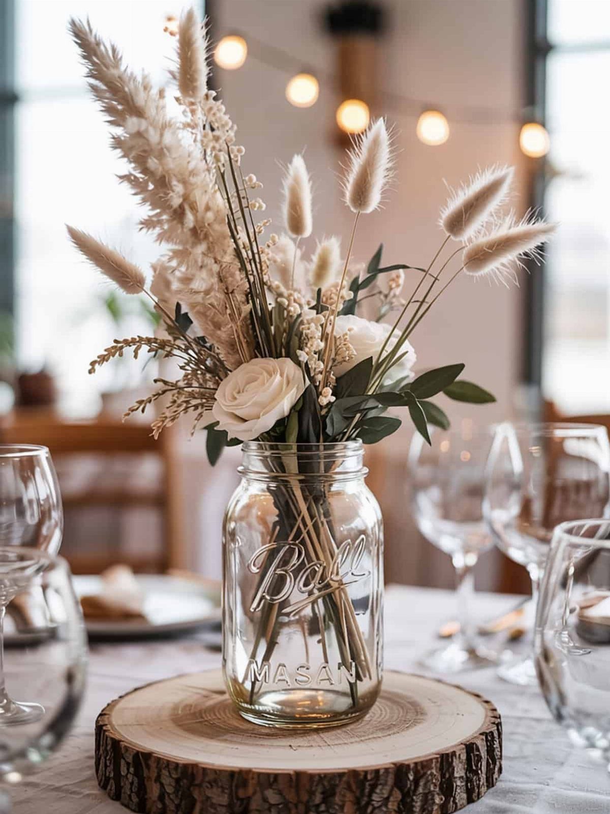 Wedding Decor with Western Style: 21 Ideas from Ranch to Aisle 13 White roses and dried grasses in a mason jar atop a wooden slice centerpiece.