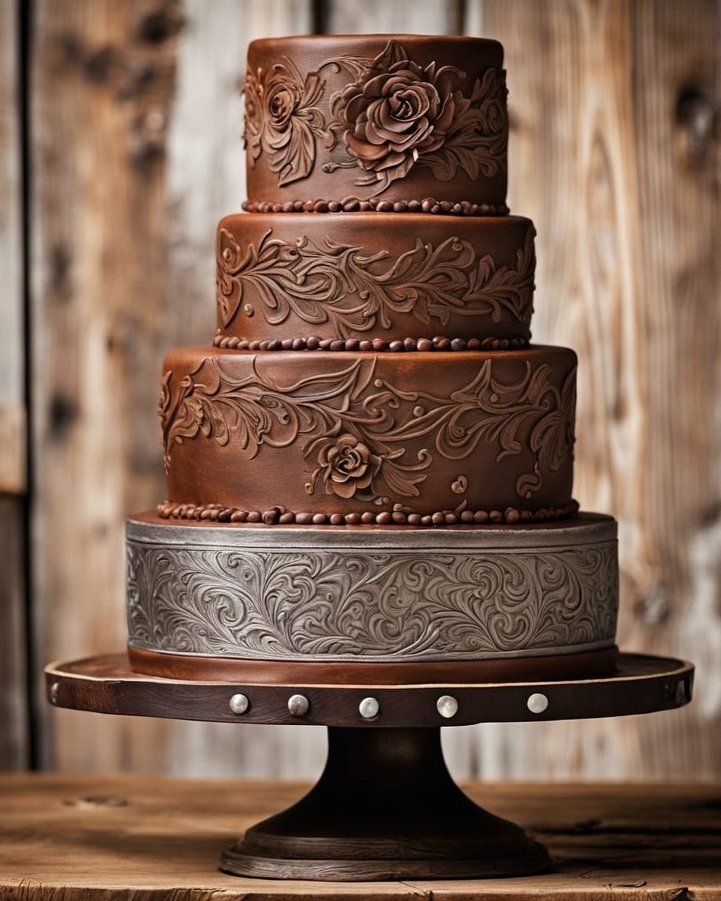 Wedding Decor with Western Style: 21 Ideas from Ranch to Aisle 11 A four-tier chocolate wedding cake with intricate floral patterns and a silver filigree bottom tier.