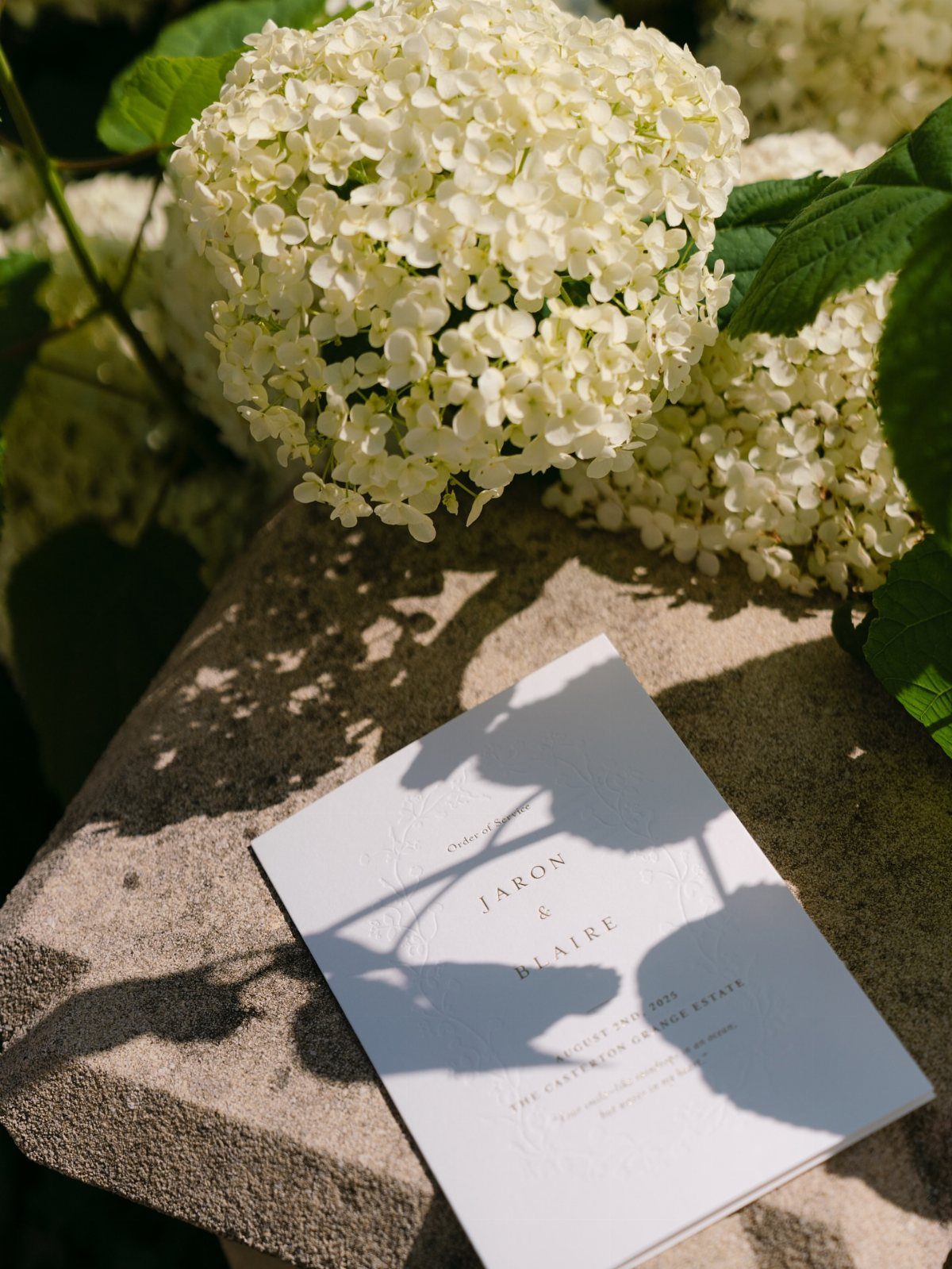 Wedding Detail Shots: 21 Ideas for Your Photographer 19 White wedding program with names resting on stone near large white hydrangea flowers.