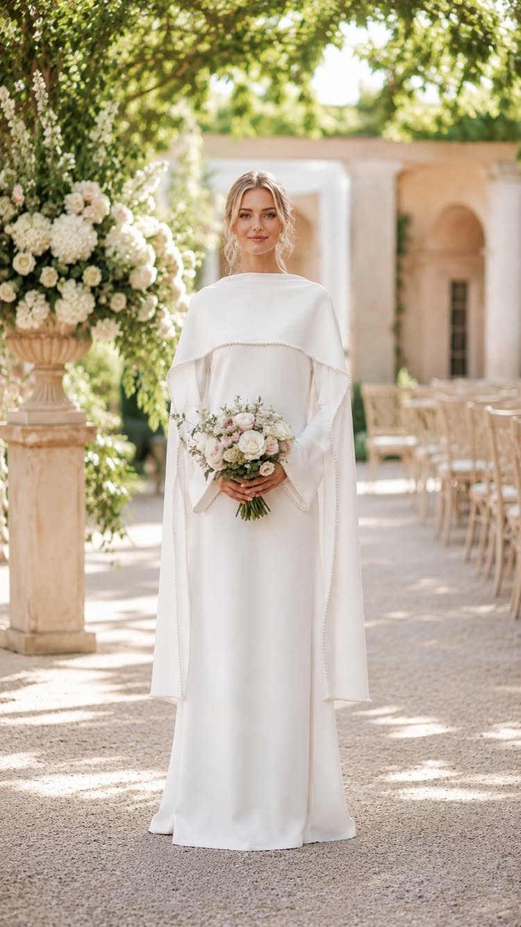 Woman in white satin A-line wedding dress with a matching cape holding roses.