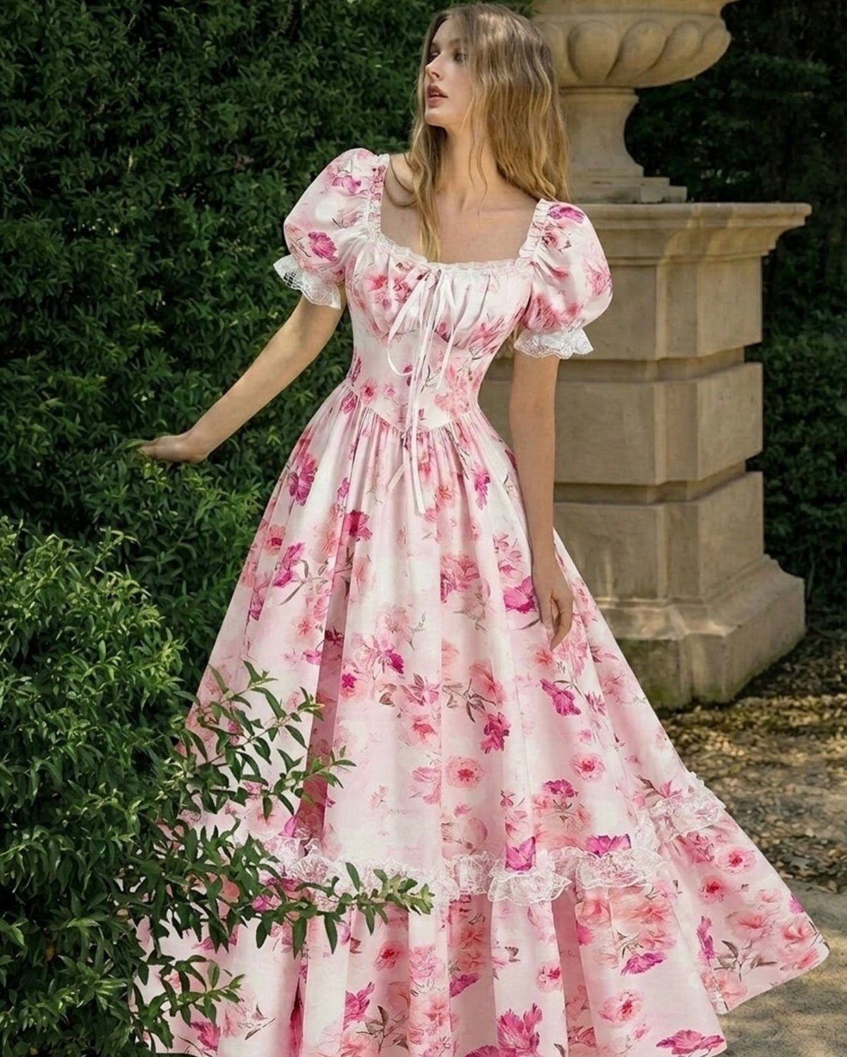 Woman in a pink floral puff-sleeve gown standing in a garden by stone architecture.