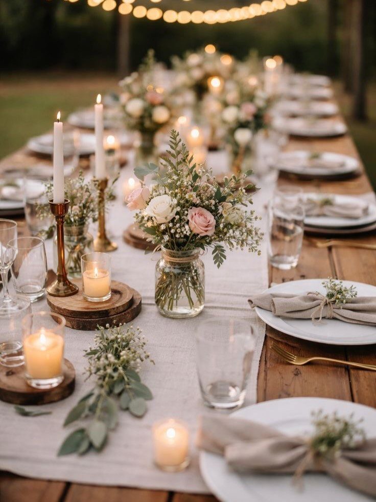 Wedding Flower Trends: 36 Ideas from Jewel Tones to Arches 26 Wooden wedding table with small rose centerpieces, white candles, and elegant place settings.