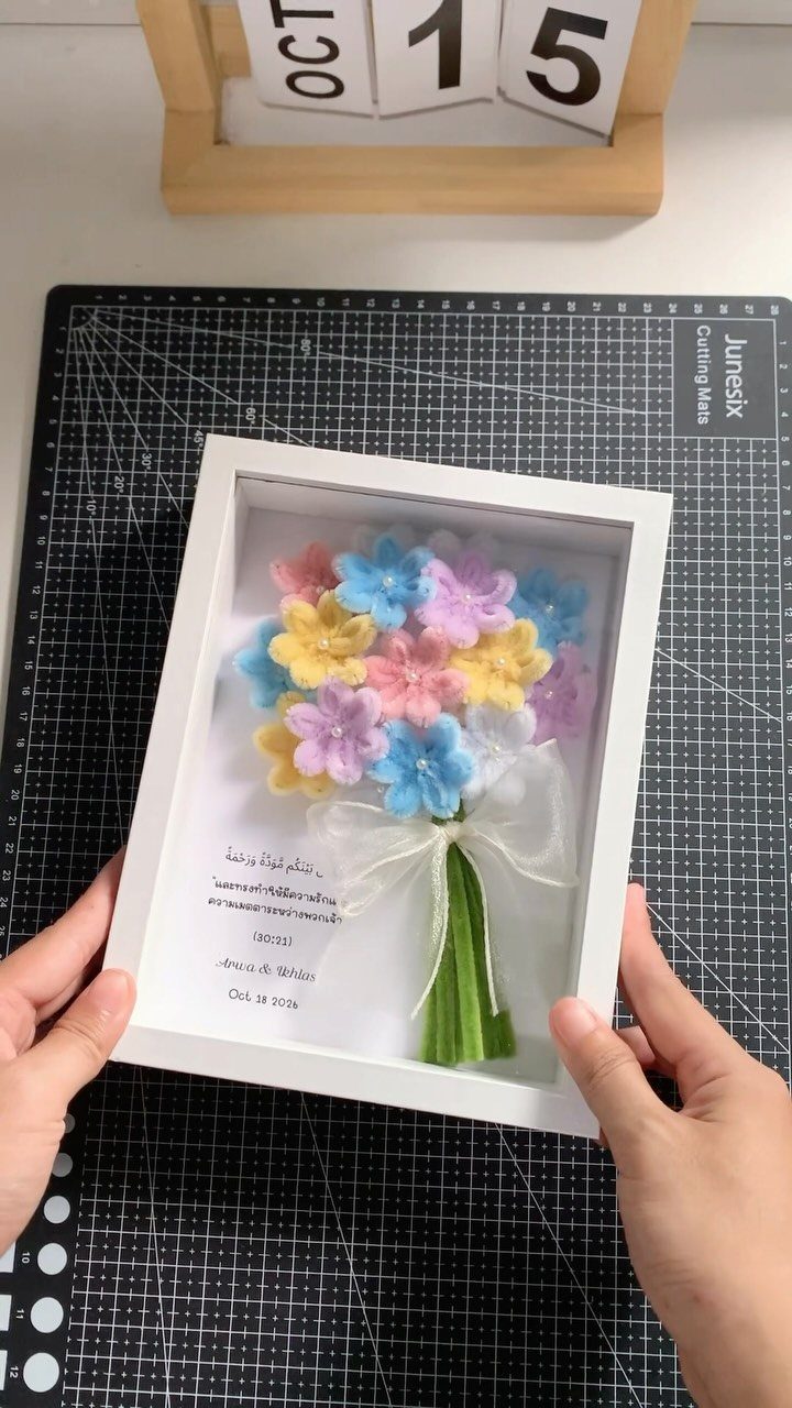 Wedding Flower Trends: 36 Ideas from Jewel Tones to Arches 6 Pastel artificial flower bouquet with a personalized note inside a white shadow box frame