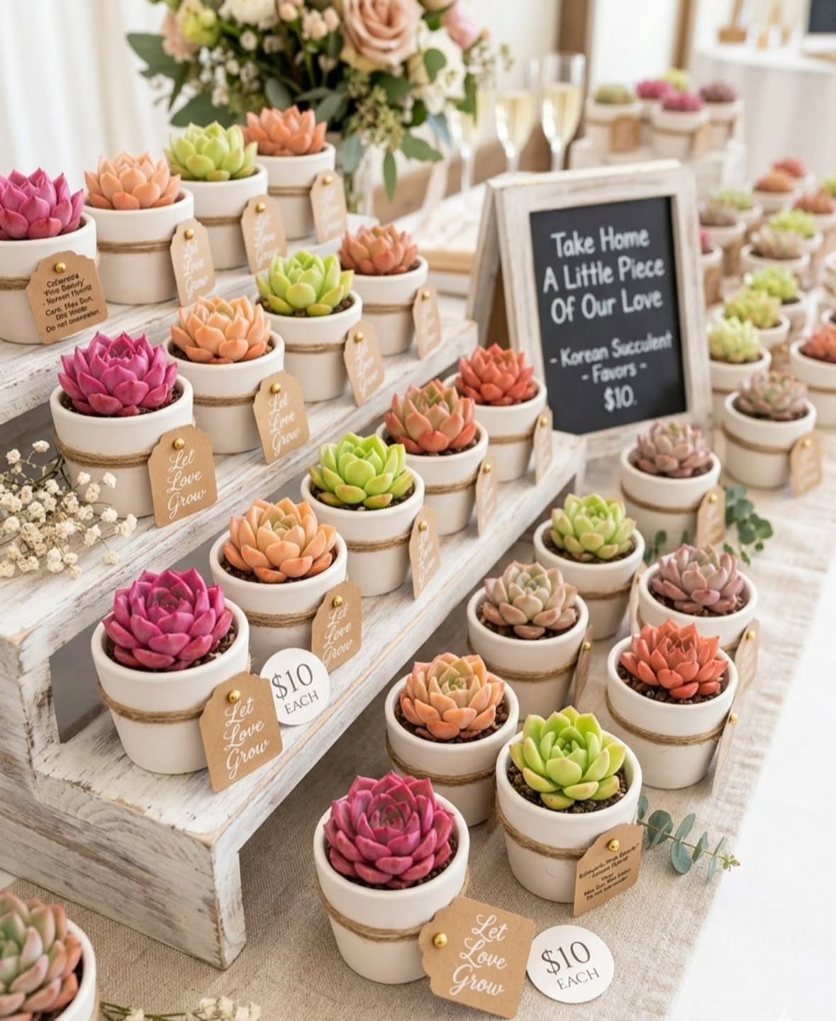 Wedding Flower Trends: 36 Ideas from Jewel Tones to Arches 27 Small colorful succulents in white pots with tags on white wooden shelves.