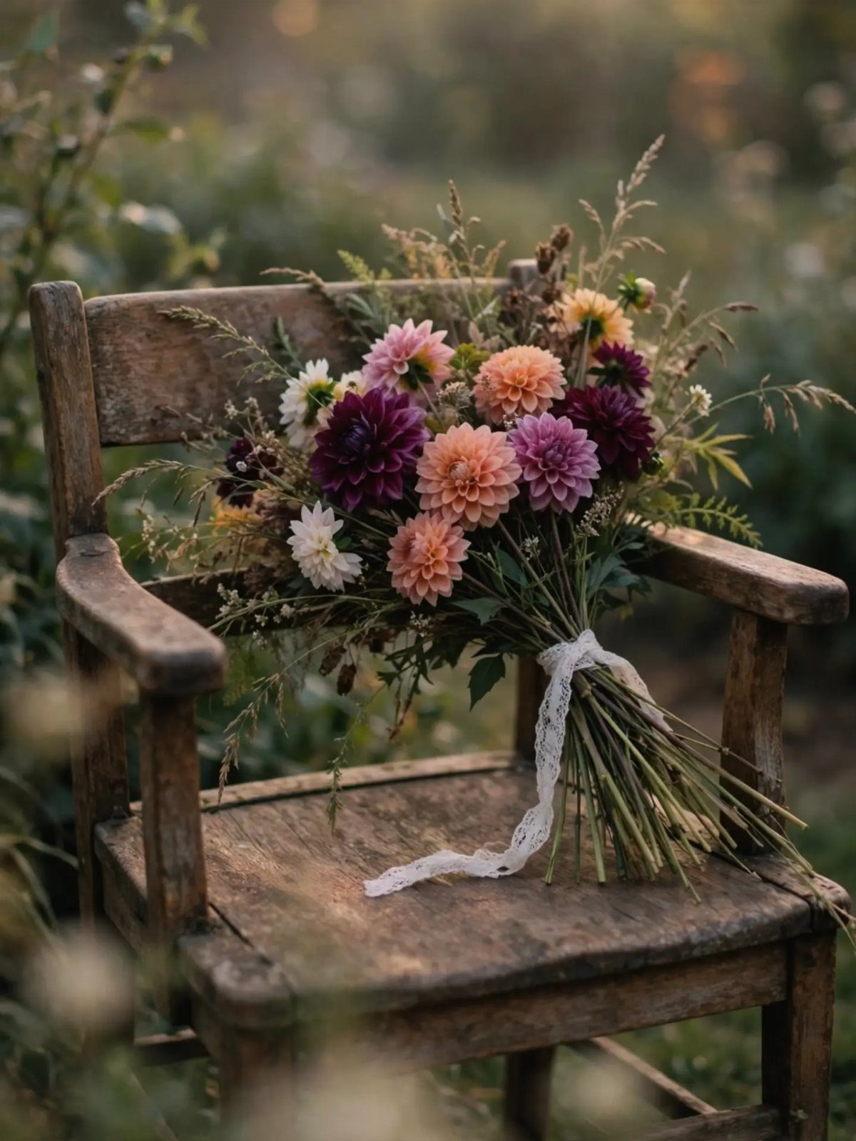 Wedding Flower Trends: 36 Ideas from Jewel Tones to Arches 4 Wild and whimsical bridal bouquet with dahlias and grasses on a wooden chair.