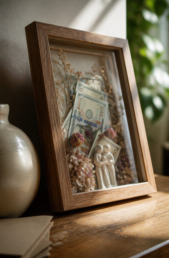 How Much Money to Give as a Wedding Gift (+ 13 Ways to Do It) 12 Wedding shadow box containing bills photos dried flowers and an invitation