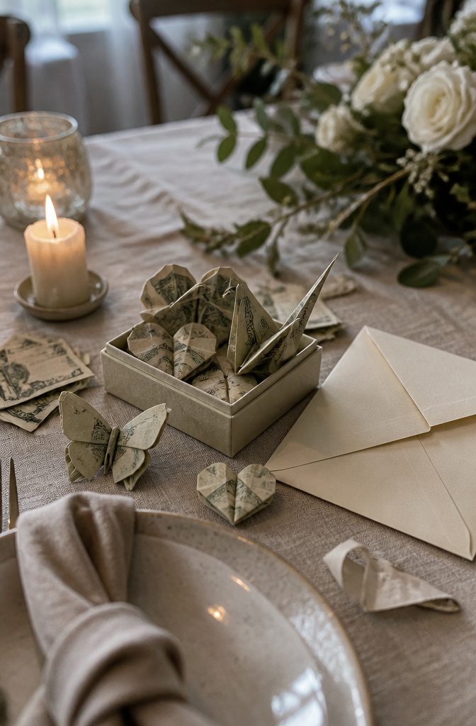 How Much Money to Give as a Wedding Gift (+ 13 Ways to Do It) 11 Origami hearts butterflies and cranes made from bills beside an open box