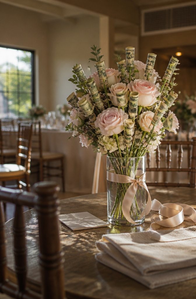 How Much Money to Give as a Wedding Gift (+ 13 Ways to Do It) 8 Money bouquet with rolled bills on artificial flowers in a clear vase