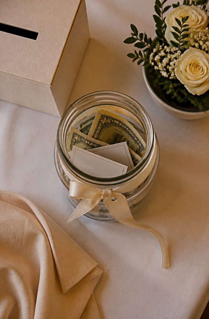 How Much Money to Give as a Wedding Gift (+ 13 Ways to Do It) 10 Decorated glass jar on a wedding gift table with cards nearby