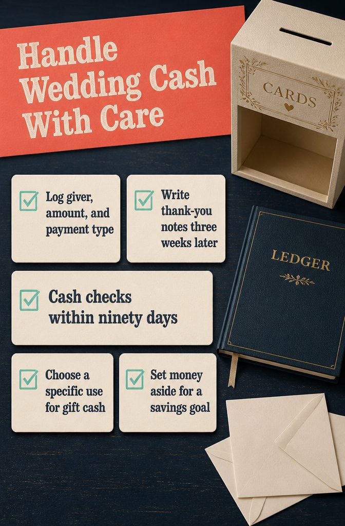 How Much Money to Give as a Wedding Gift (+ 13 Ways to Do It) 16 Ledger beside wedding cards envelopes and a pen