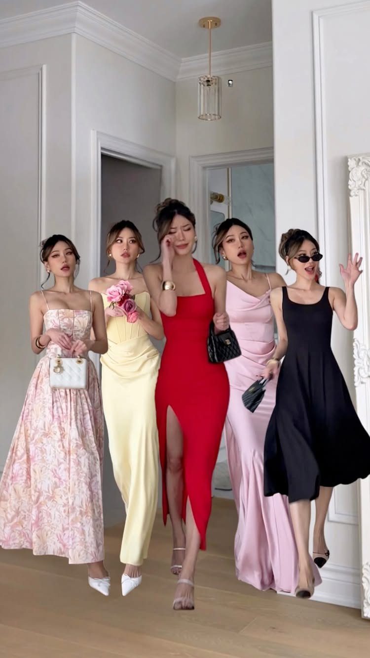 19 Wedding Guest Dress Ideas for Every Season and Style 3 Five women in formal dresses, featuring a red asymmetrical bodycon dress in center.