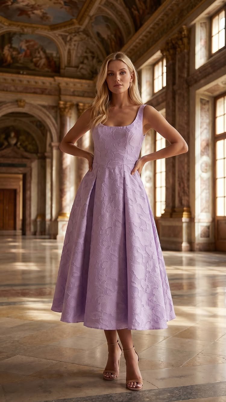 19 Wedding Guest Dress Ideas for Every Season and Style 9 Woman in a light purple flared midi dress posing in an ornate hall.