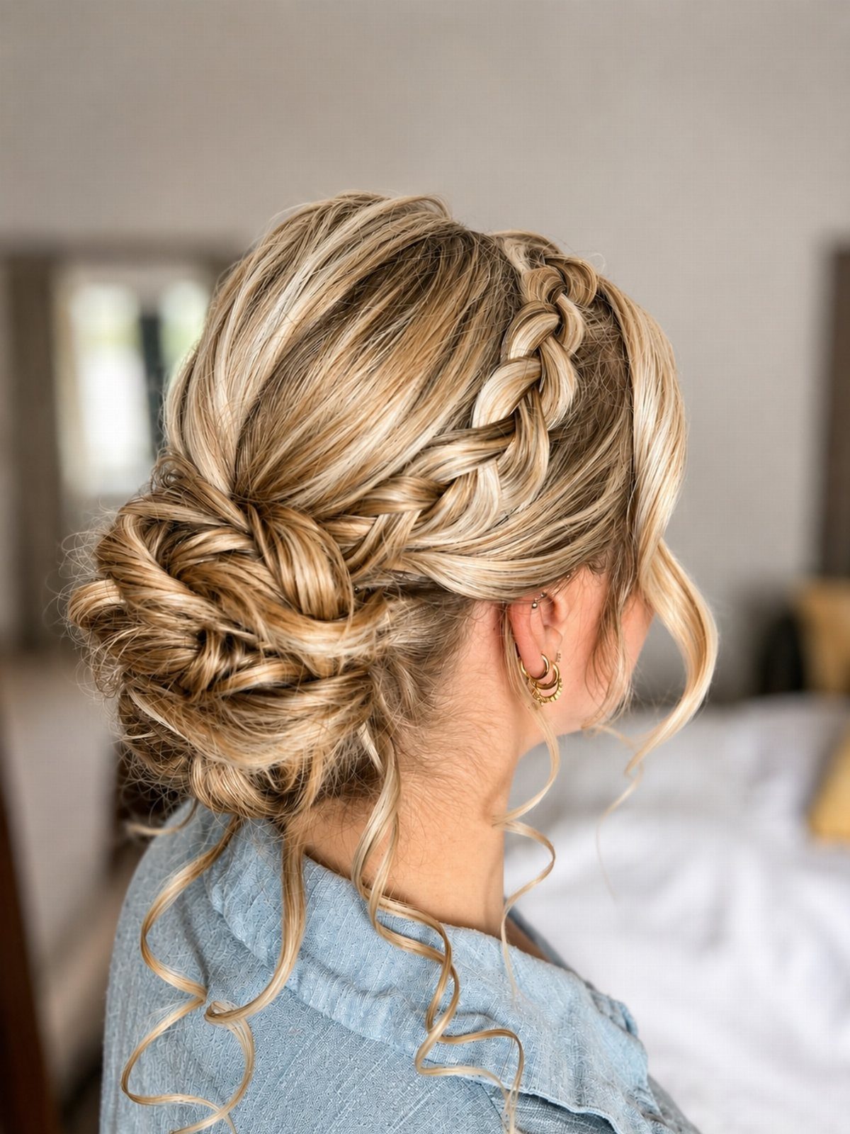 17 Wedding Guest Hairstyles Up: From Curled Updos to Bubble Braids 8 Blonde hair styled in a textured side braid and a low, intricate bun with curly tendrils.