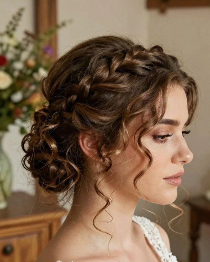 17 Wedding Guest Hairstyles Up: From Curled Updos to Bubble Braids 11 A woman with brown hair styled in a braided updo with curly tendrils framing her face.
