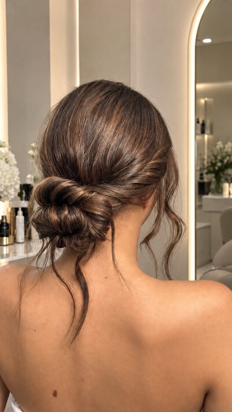 Brown hair styled in a low curly chignon bun with loose tendrils.