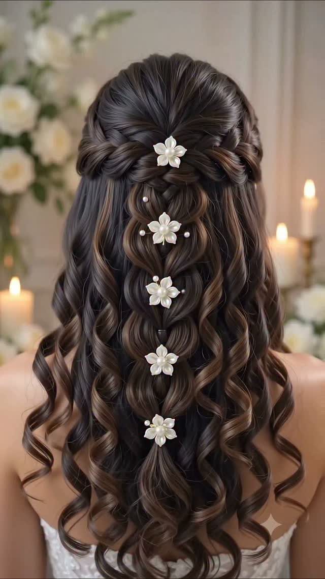 Brunette curly hair in a half-up style adorned with five small white flowers.
