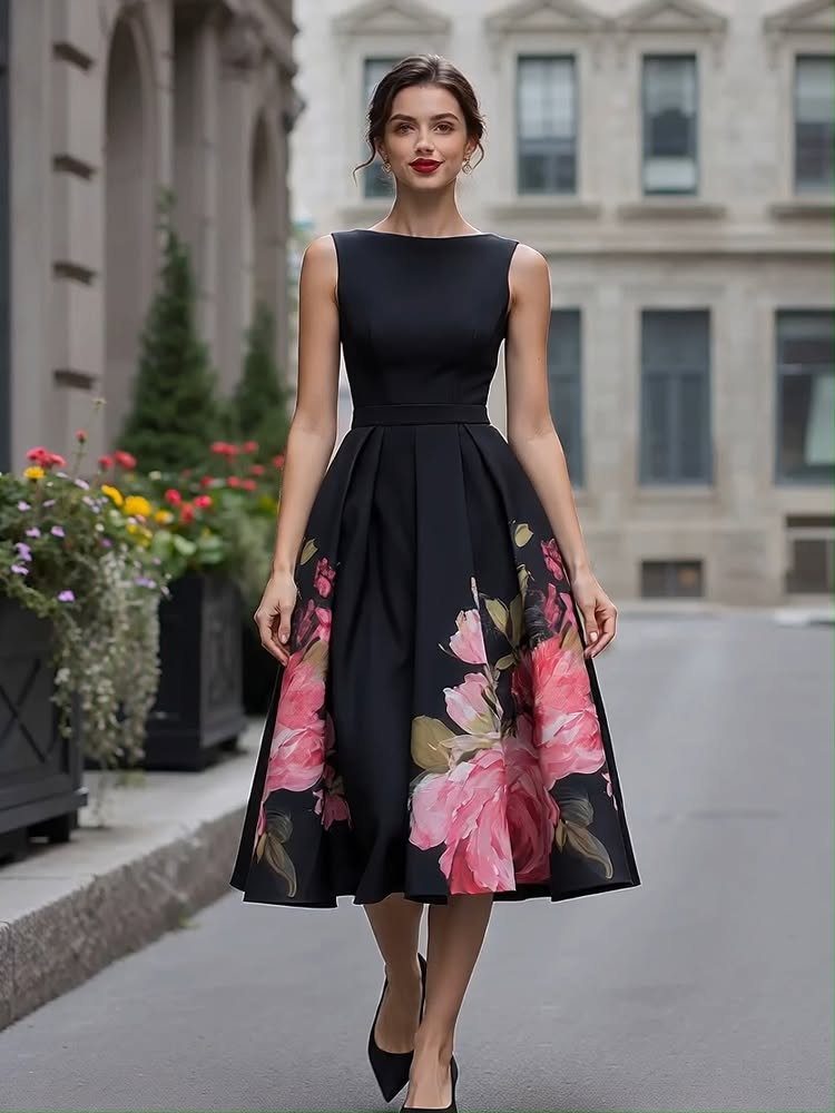 Wedding Outfit Outdoor: 9 Guest Looks for Every Setting 2 Woman in a black sleeveless midi dress with large pink floral prints standing outdoors.