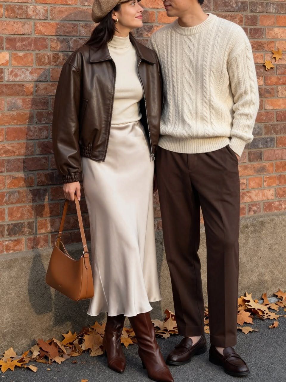 A couple posing in cream sweaters and brown leather clothing against a brick wall.