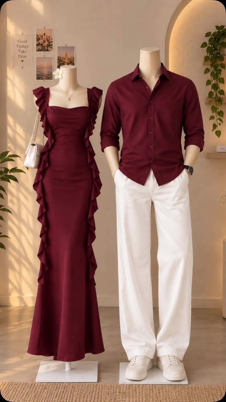18 Wedding Outfit Theme Ideas for 2026: Beach, Boho, Gatsby & More 16 Two mannequins dressed in matching burgundy and white formal outfits against a neutral background.