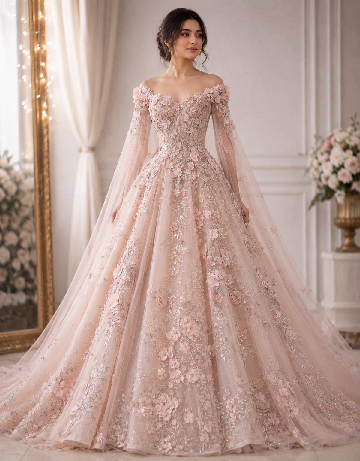 18 Wedding Outfit Theme Ideas for 2026: Beach, Boho, Gatsby & More 7 A woman posing in a voluminous blush pink floral ball gown with long sheer sleeves.
