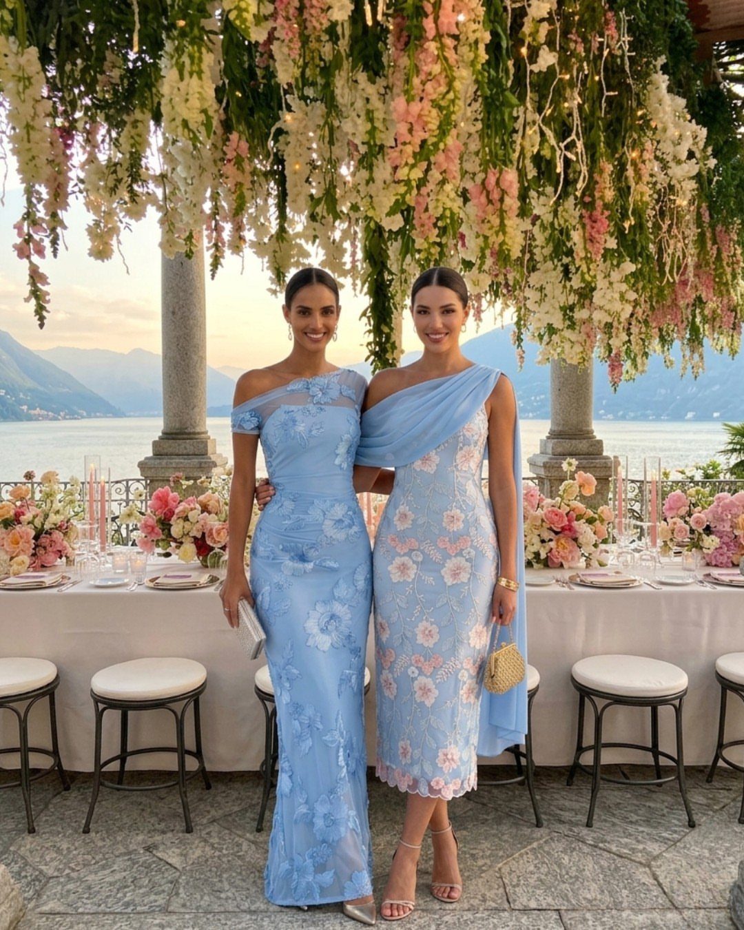 18 Wedding Outfit Theme Ideas for 2026: Beach, Boho, Gatsby & More 8 Two women in blue gowns posing before a floral garden wedding table overlooking a lake.