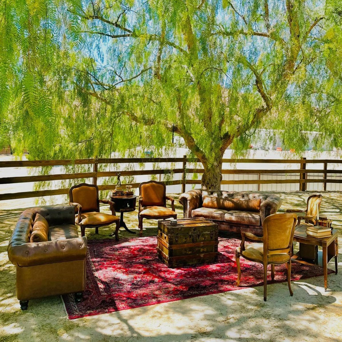 10 Wedding Party Ideas for an Unforgettable Night 10 Leather sofas and armchairs arranged on a red rug under a large willow tree.
