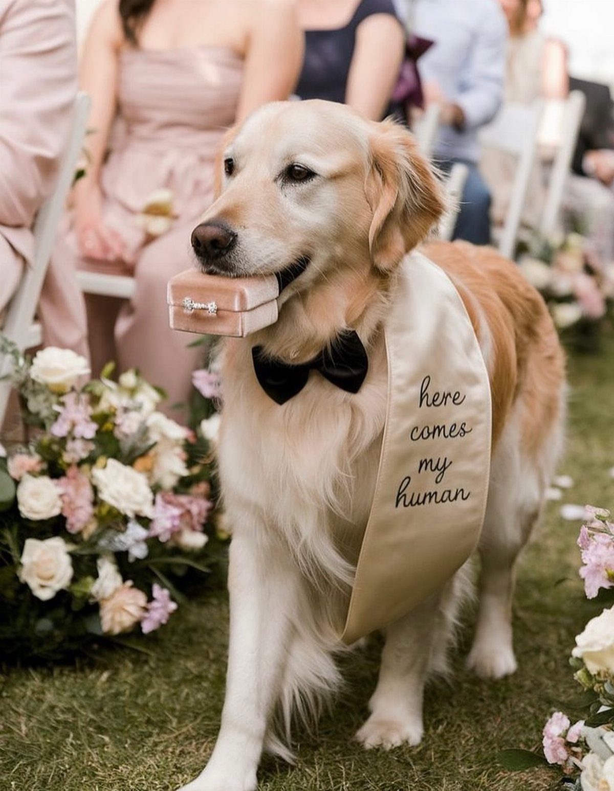 10 Wedding Party Ideas for an Unforgettable Night 5 Golden retriever wearing a bowtie and bandana carrying a wedding ring box in its mouth.