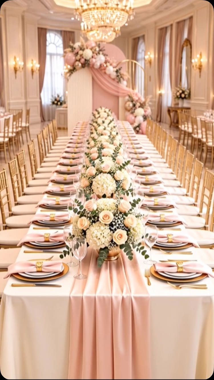 Long wedding table with blush pink runner and white floral centerpieces and gold accents.