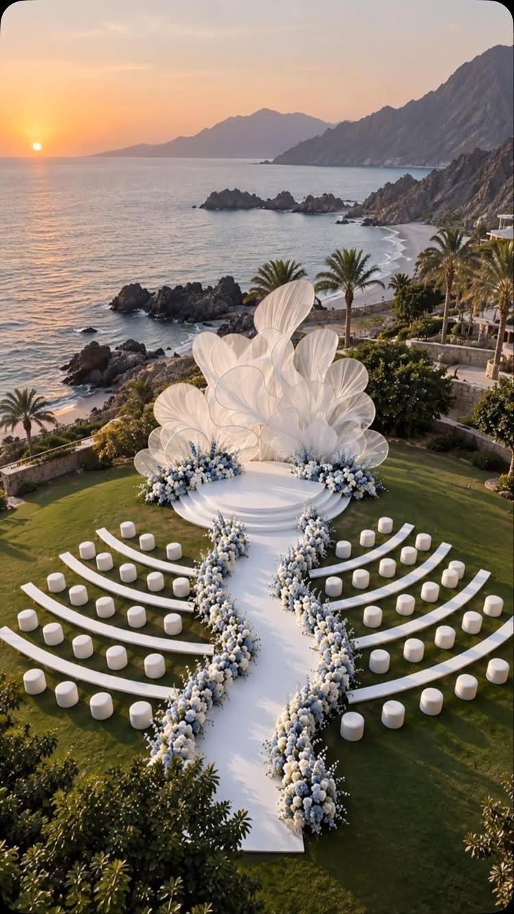 Outdoor wedding ceremony with white seating and soft blue floral accents by the coast.