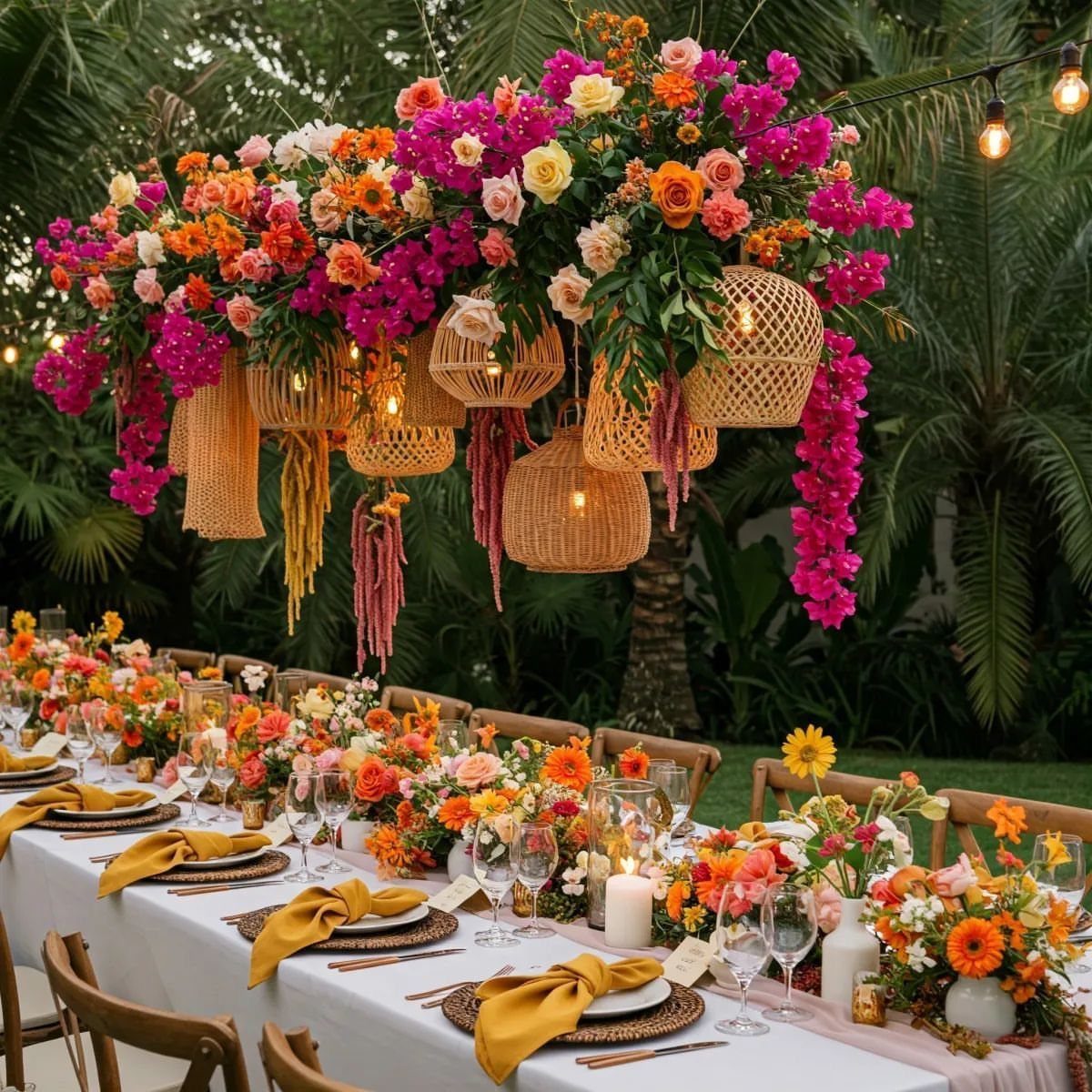 Vibrant tropical wedding reception table with orange and pink flowers and woven lanterns.
