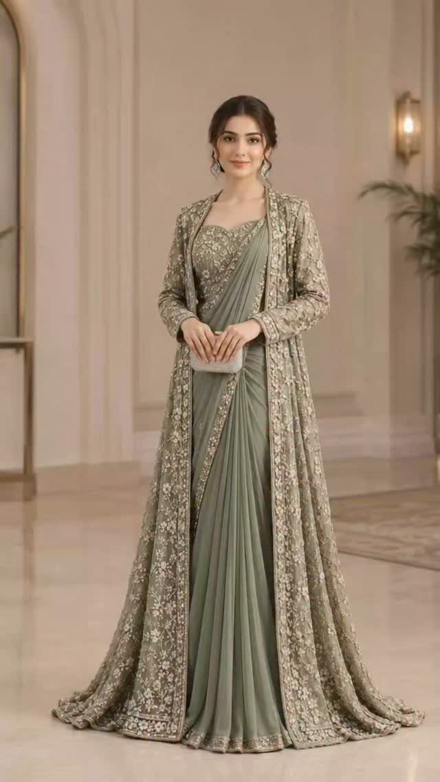 A woman wearing an elegant sage green embroidered saree and long matching jacket.