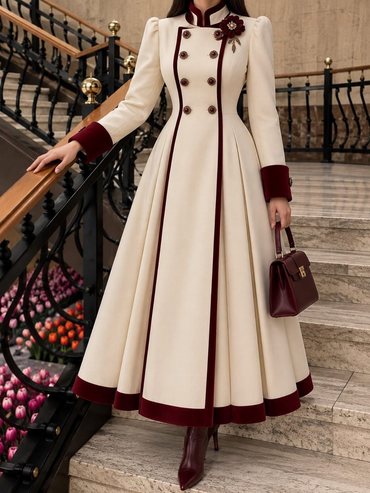 A cream-colored long coat with burgundy velvet trim and a floral brooch worn on stairs.