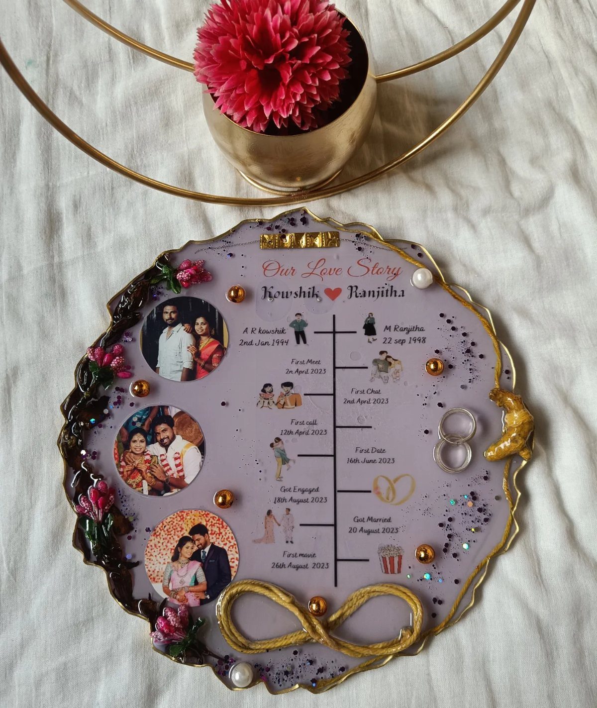 25 Wedding Stuff Ideas for Your 2026 Ceremony and Party 24 Personalized resin love story timeline with couple photos, gold accents, and floral decorations.