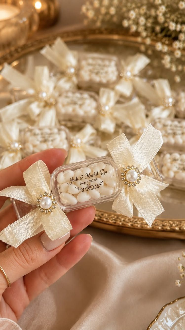 25 Wedding Stuff Ideas for Your 2026 Ceremony and Party 5 A hand holding a small clear box of white candies decorated with a cream fabric bow.