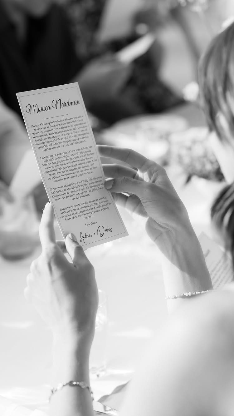 25 Wedding Stuff Ideas for Your 2026 Ceremony and Party 7 Hands holding a small printed card with text and a signature at a wedding.