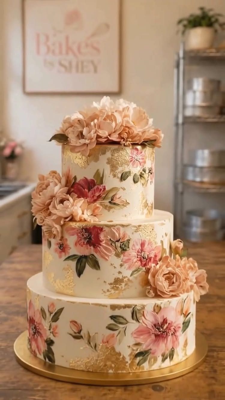 Wedding Theme Flowers: 21 Ideas for Ceremony to Cake 22 A three-tiered white wedding cake with hand-painted floral designs and peach flowers.