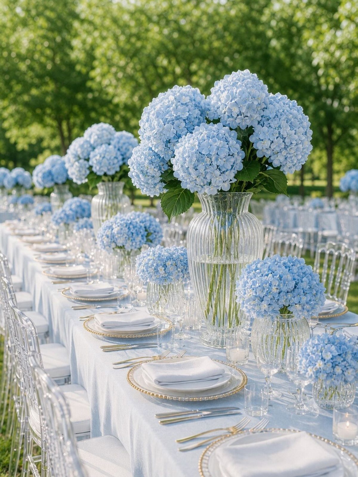 Wedding Theme Flowers: 21 Ideas for Ceremony to Cake 8 Light blue hydrangea centerpieces in glass vases on a long white wedding table outdoors.