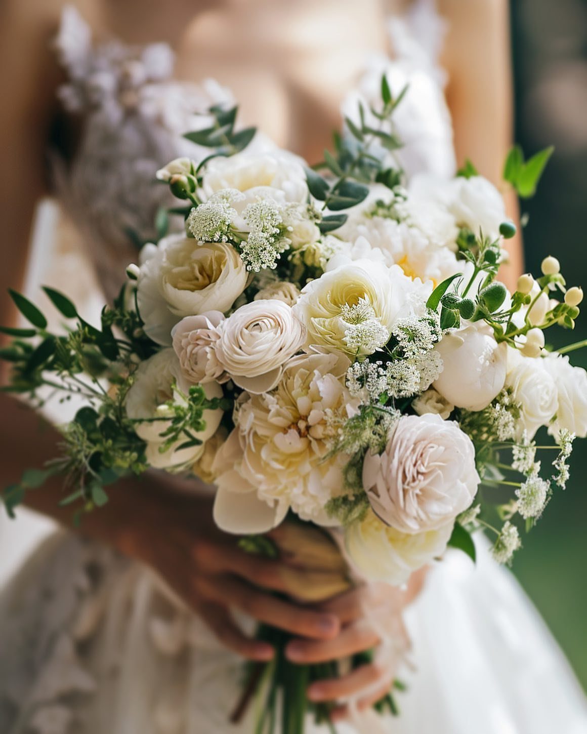 Wedding Theme Flowers: 21 Ideas for Ceremony to Cake 9 A bridal bouquet with white ranunculus, roses, and greenery held against a lace dress.