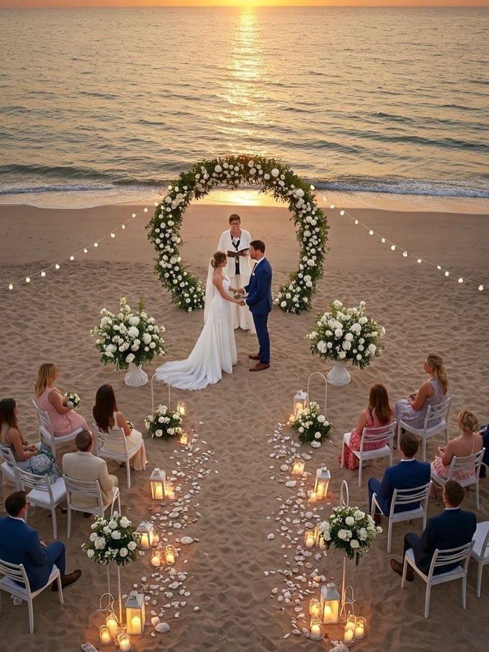 Wedding Theme and Motif: 16 Fresh Ideas for 2026 14 A wedding ceremony on a beach with a floral arch and sunset over the ocean.