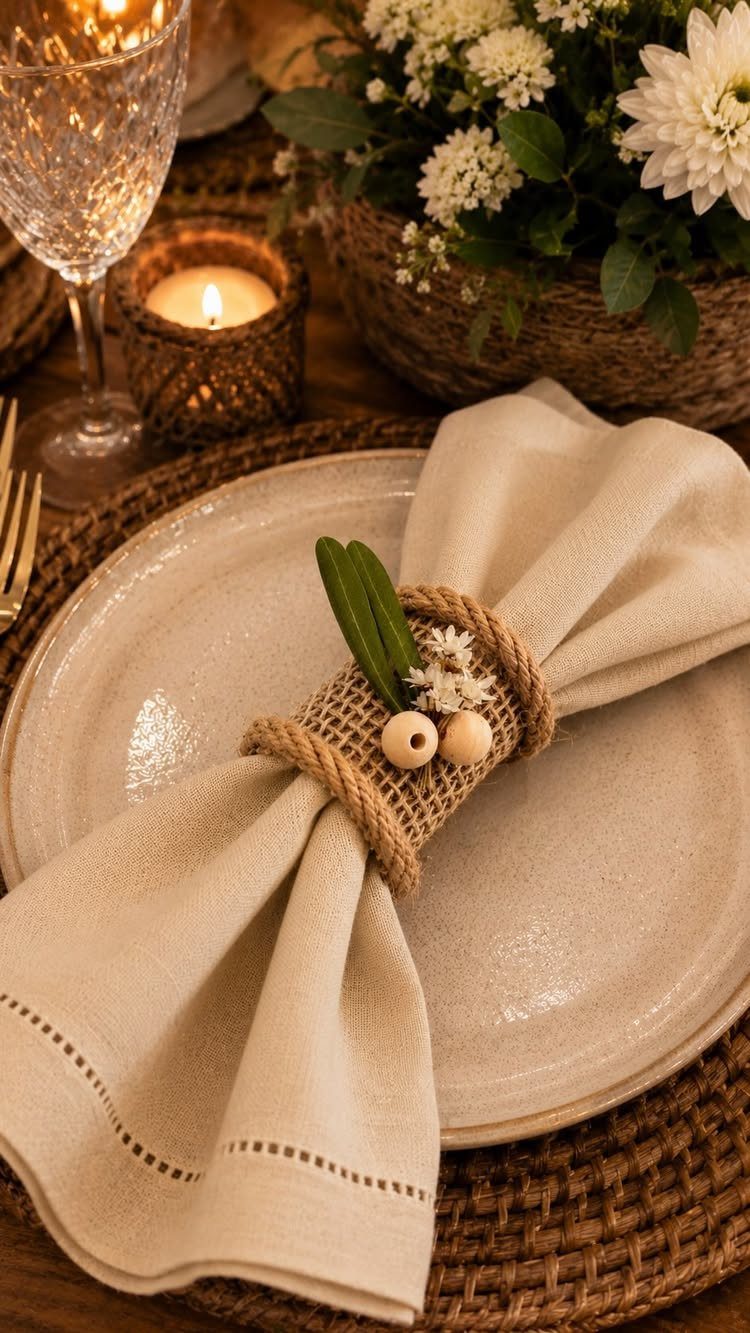 Wedding Theme and Motif: 16 Fresh Ideas for 2026 7 A linen napkin held by a jute twine ring with wooden beads on a ceramic plate.
