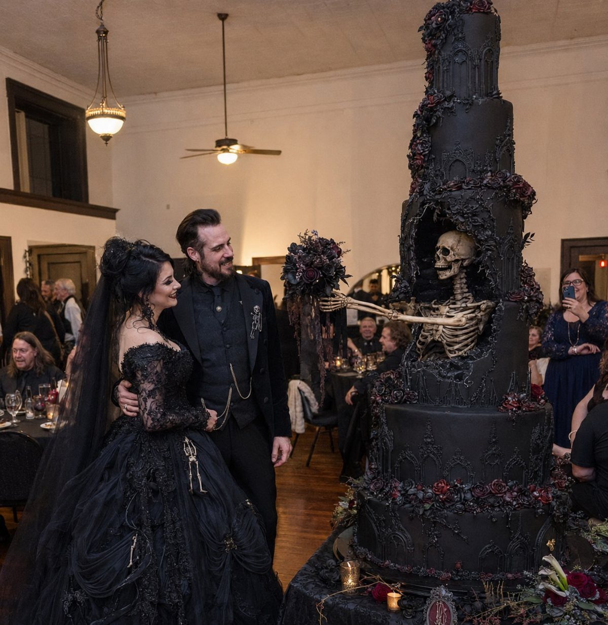 Wedding Theme and Motif: 16 Fresh Ideas for 2026 11 A bride and groom in black attire stand beside a large black gothic wedding cake with a skeleton.