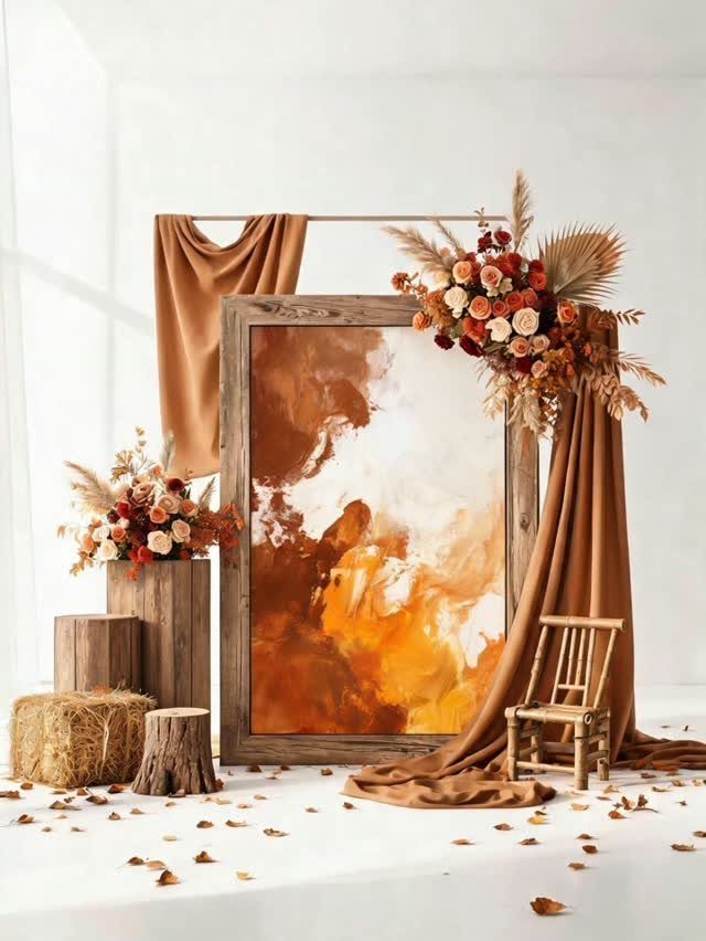 Wedding Theme and Motif: 16 Fresh Ideas for 2026 16 Abstract orange painting in a wooden frame decorated with terracotta fabric and autumn floral arrangements.