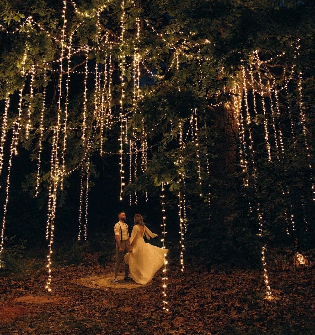 Wedding Theme and Motif: 16 Fresh Ideas for 2026 4 A bride and groom stand beneath a large tree draped in cascading strings of fairy lights.