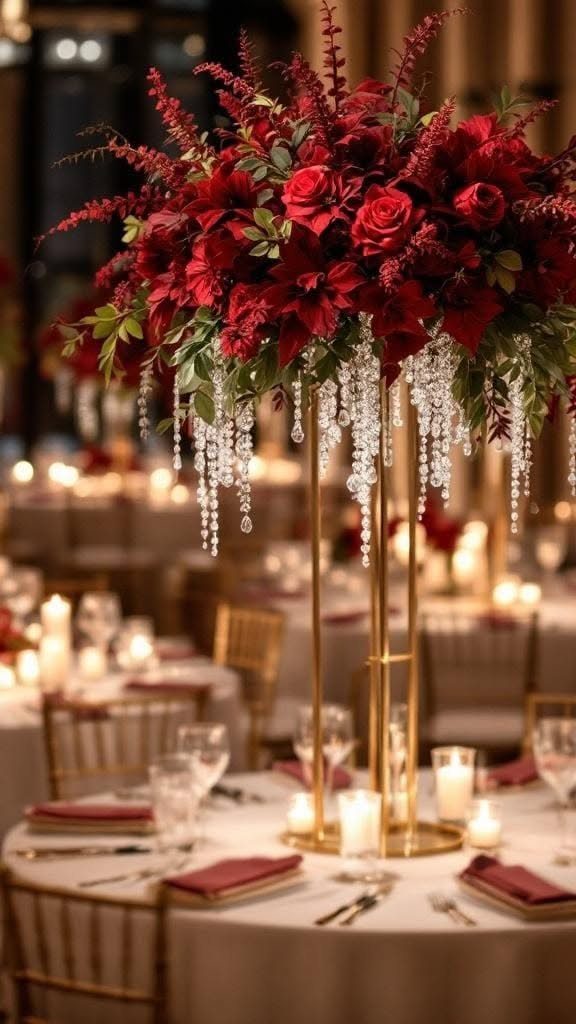 8 Wedding Theme Red and Gold Ideas for Every Part of Your Day 5 A tall gold centerpiece with red roses and hanging crystals on a wedding table.