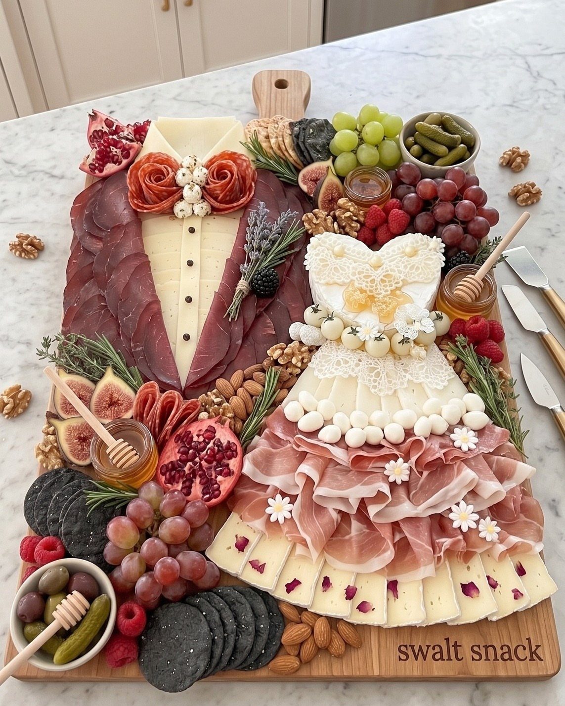 Wedding Themes 2026: 12 Ideas You Will Actually Want to Steal 7 Charcuterie board with meats and cheeses arranged into the shapes of a bride and groom.