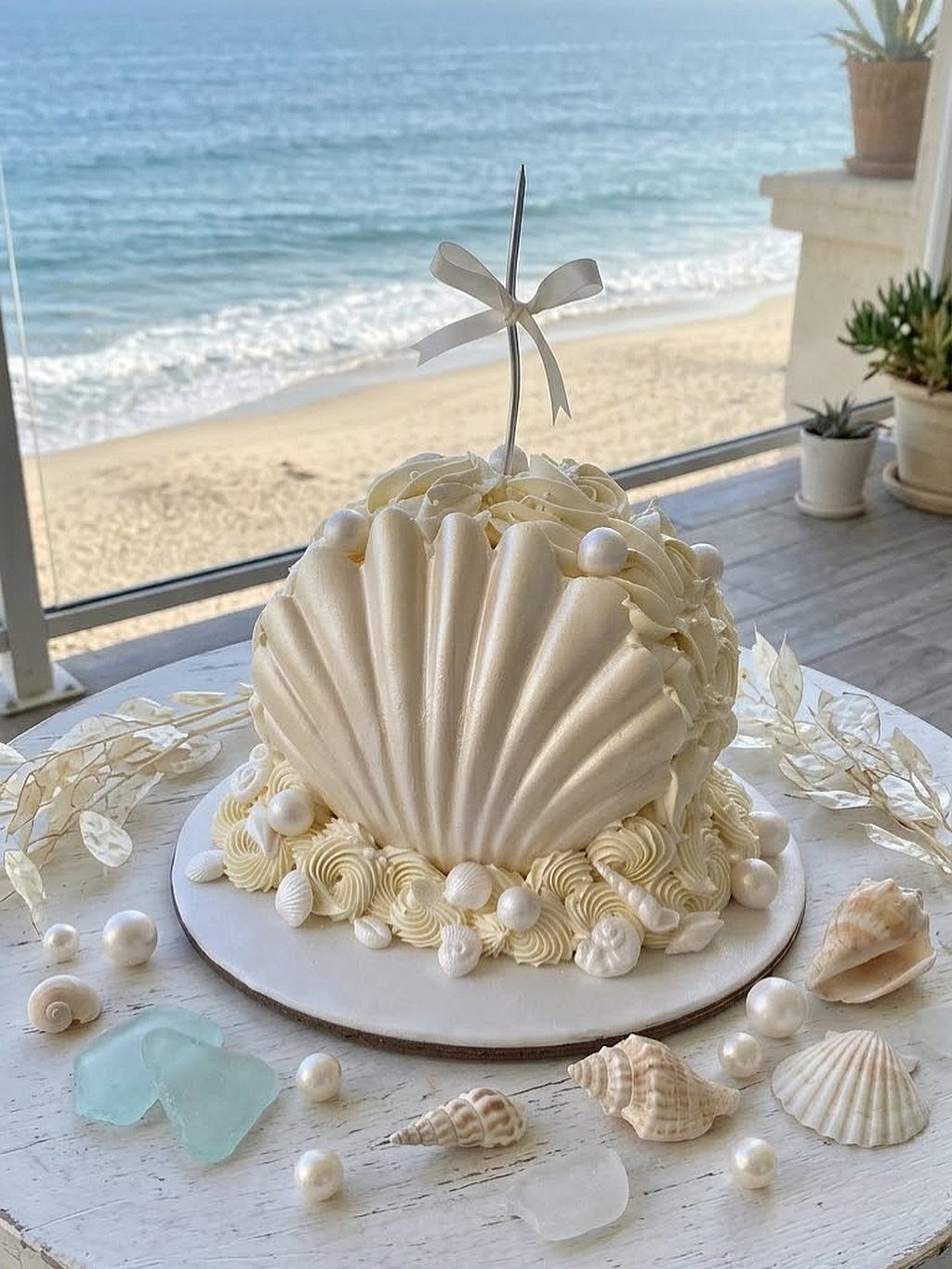Wedding Themes 2026: 12 Ideas You Will Actually Want to Steal 9 A white seashell-shaped cake decorated with pearls on a table overlooking a sandy beach and ocean.