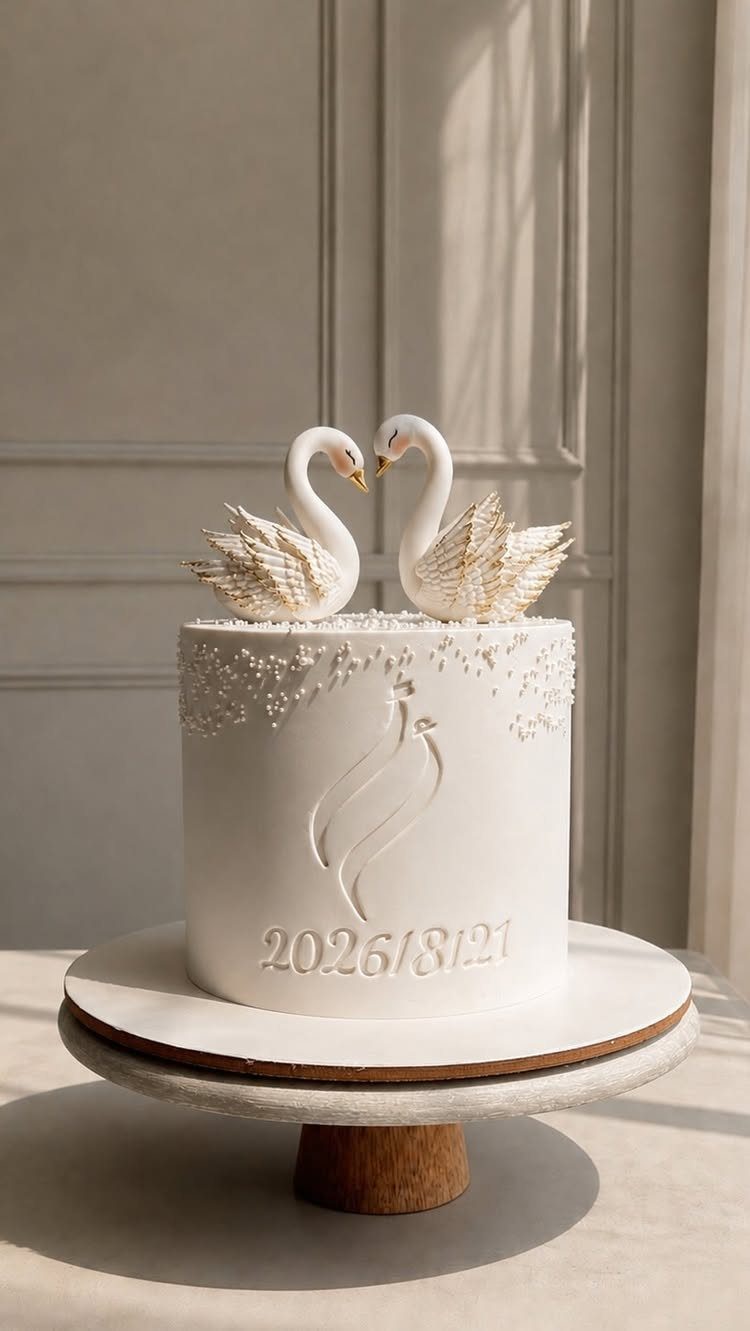 Wedding Themes 2026: 12 Ideas You Will Actually Want to Steal 10 A white wedding cake decorated with two gold-accented swans and an embossed date.