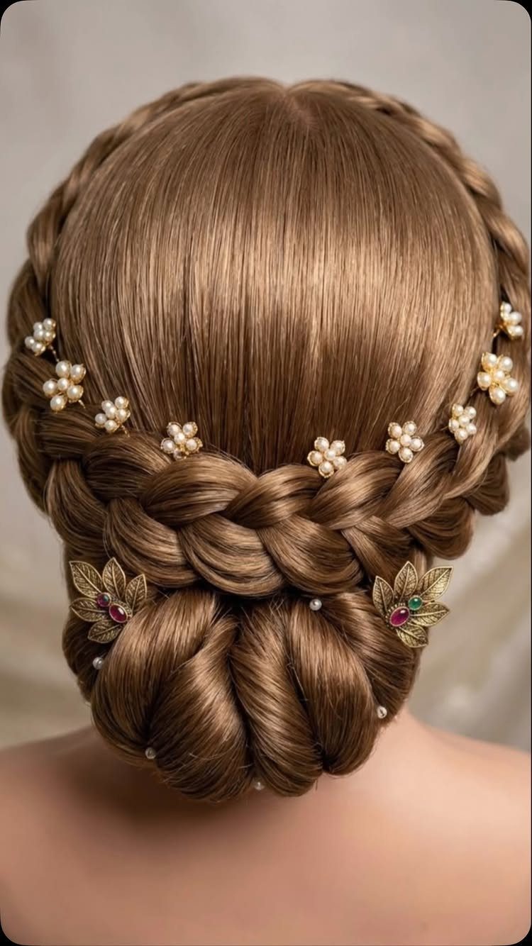 27 Bridesmaid Wedding Updo Hairstyles from Buns to Braids 23 Intricate light brown hair updo with crown braid, low bun, and pearl accessories.